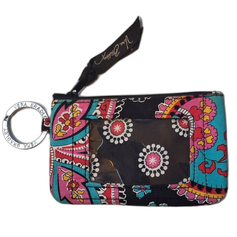 Vera Bradley Black Paisley Zip ID Case Quilted Key Ring Wallet Coin Pouch Preppy